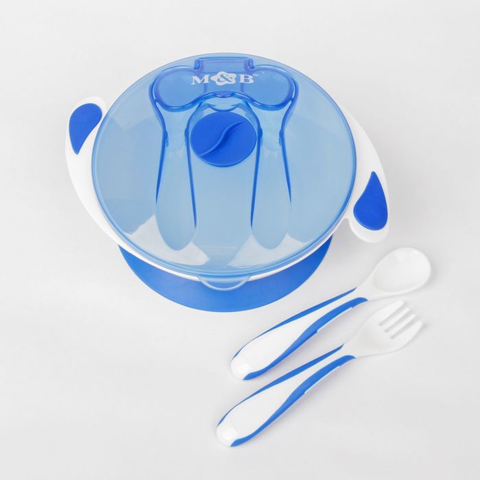 Набор детской посуды Basic, 4 предмета: миска на присоске 400 мл, крышка, ложка, вилка, от 5 мес., цвет синий 