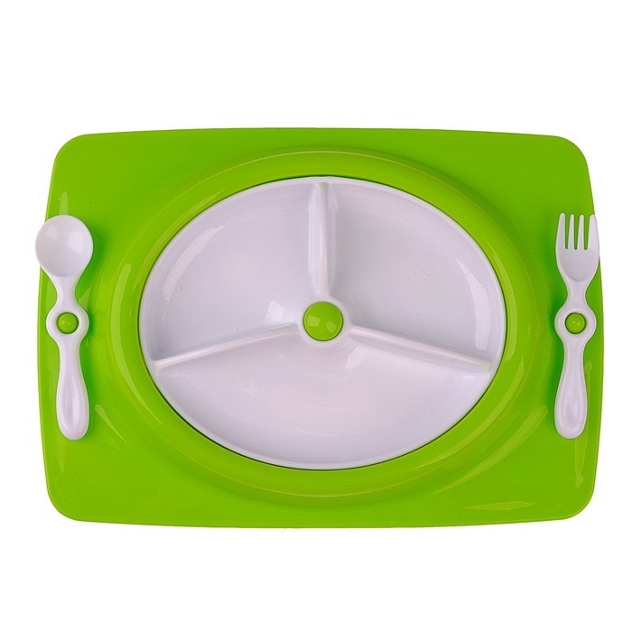 Набор детской посуды, 4 предмета: тарелка трёхсекционная, подставка, ложка, вилка, от 5 мес., цвет зелёный 