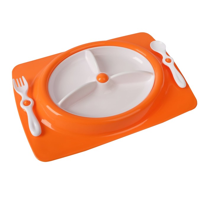 Набор детской посуды, 4 предмета: тарелка трёхсекционная, подставка, ложка, вилка, от 5 мес., цвет оранжевый 