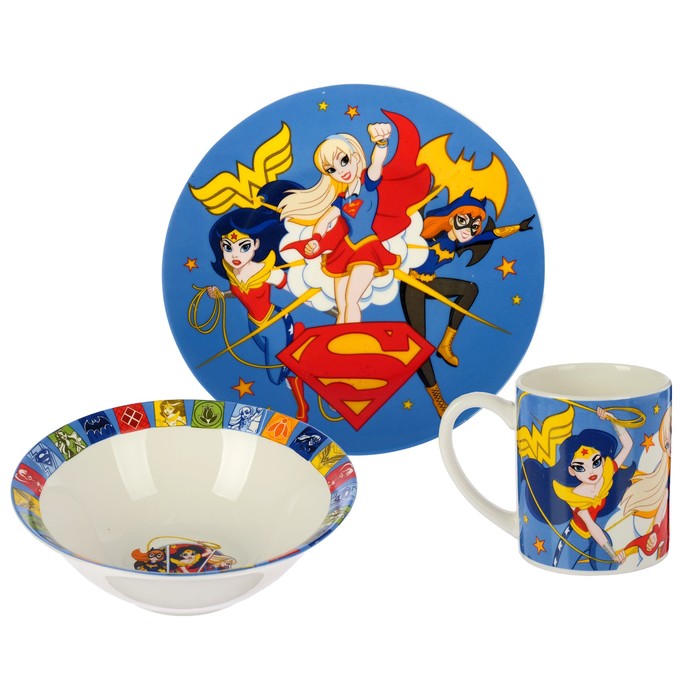 Набор посуды "Девочки супергерои", 3 предмета: кружка 220 мл, тарелка 19 см, салатник 520 мл 17,5 см 