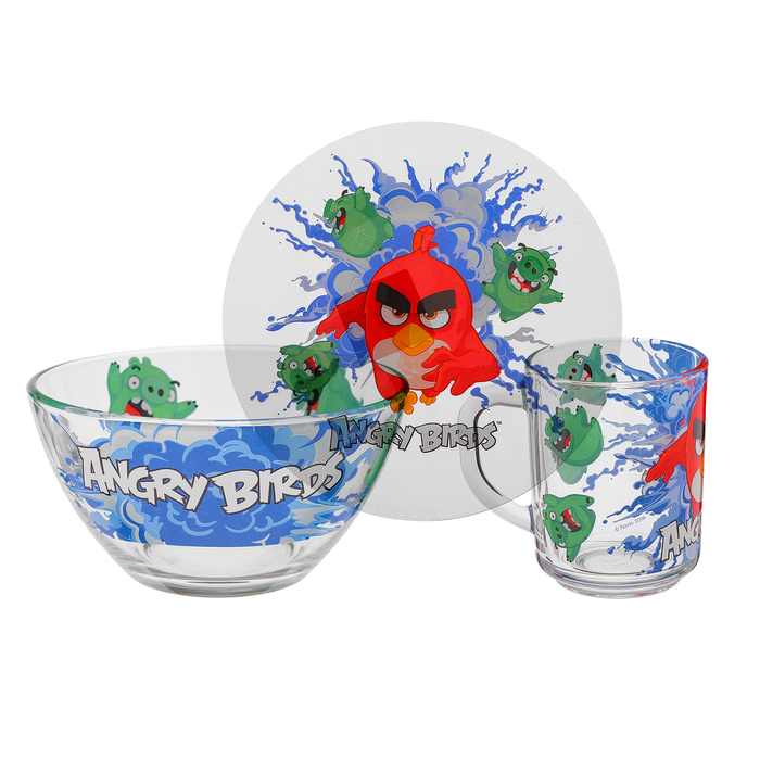 Angry Birds. Қызыл ыдыс-аяқ жинағы, 3 зат: 250 мл шыны-аяқ, салат ыдысы d=13 см 450 мл, тәрелке d=19,5 см 
