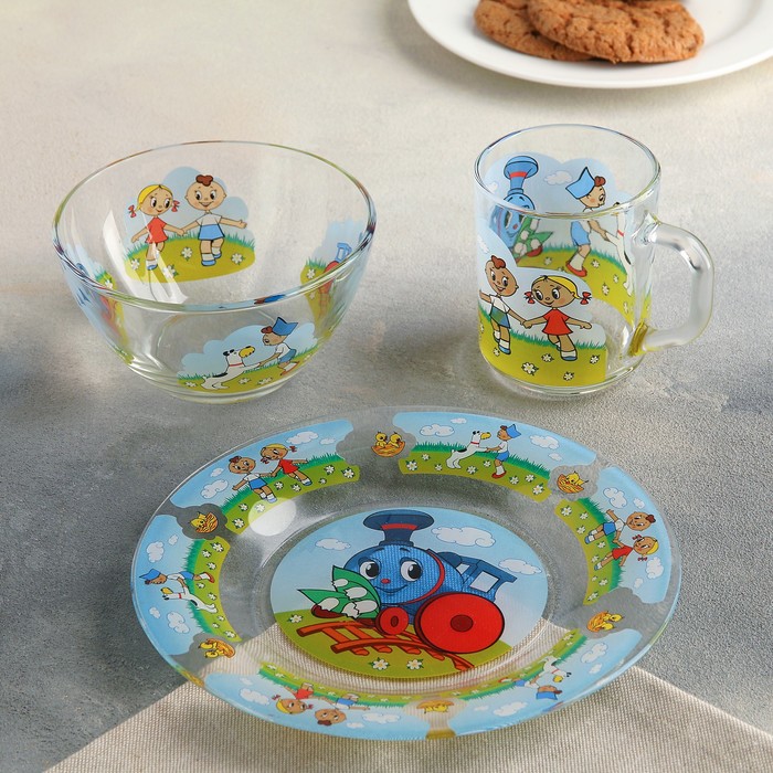 Набор посуды детский "Паравозик из Ромашково", 3 предмета: кружка 200 мл, салатник 300 мл, тарелка 20 см 