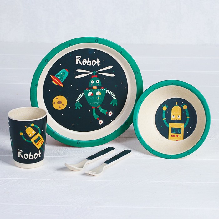 Набор детской посуды из бамбука «Робот», 5 предметов: тарелка, миска, стакан, столовые приборы 