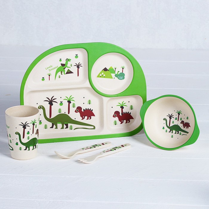 Набор детской посуды из бамбука «Динозаврики», 5 предметов: тарелка, миска, стакан, столовые приборы 