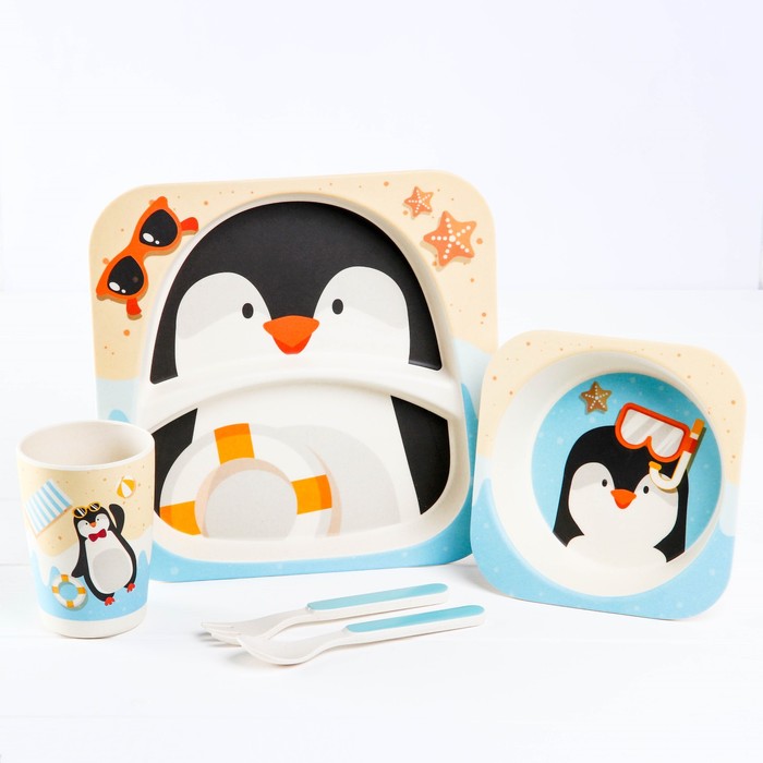 Пингвин балаларға арналған ыдыс-аяқ жинағы, бамбуктан жасалған, 5 дана: тәрелке, тостаған, стақан, ас құралдары 