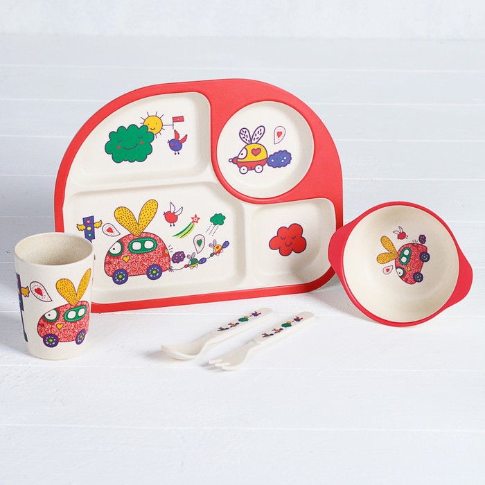 Набор детской посуды из бамбука «Путешествие», 5 предметов: тарелка, миска, стакан, столовые приборы 