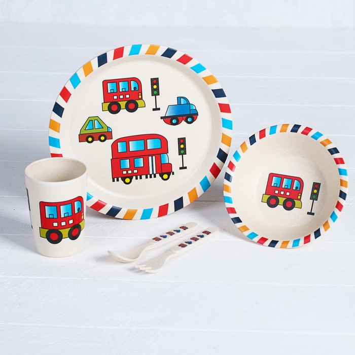 Набор детской посуды из бамбука «Машинки», 5 предметов: тарелка, миска, стакан, столовые приборы 