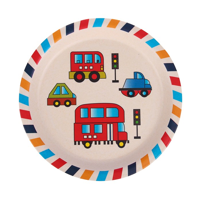 Набор детской посуды из бамбука «Машинки», 5 предметов: тарелка, миска, стакан, столовые приборы 