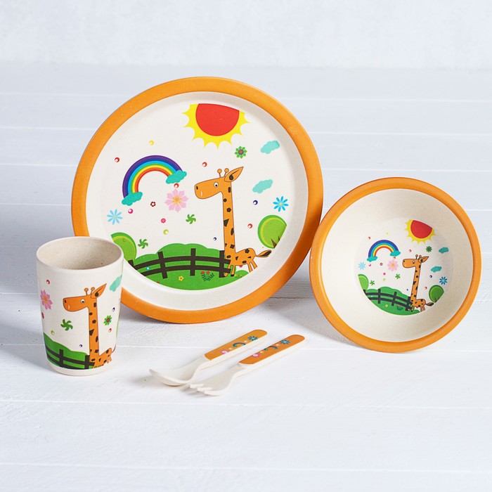 Набор детской посуды из бамбука «Жирафик и радуга», 5 предметов: тарелка, миска, стакан, столовые приборы 