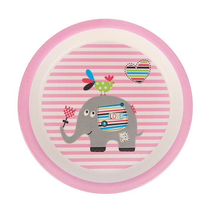 Набор детской посуды из бамбука «Розовый слоник», 5 предметов: тарелка, миска, стакан, столовые приборы 