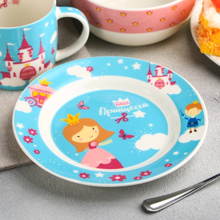 Набор детской посуды "Принцесса", кружка 250 мл, глубокая тарелка 13 см, тарелка 15 см 