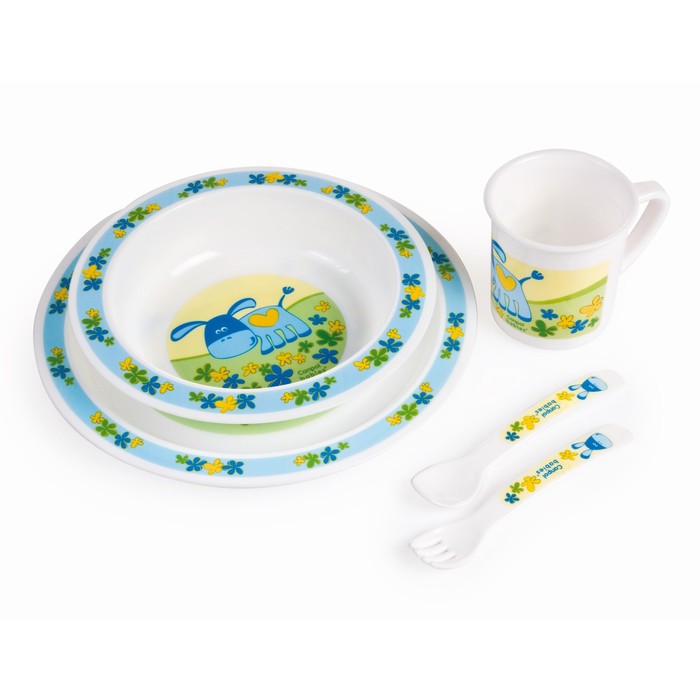 Набор детской посуды, 5 предметов: миска, тарелка, кружка, вилка и ложка, от 12 мес., цвета МИКС 