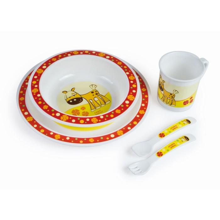 Набор детской посуды, 5 предметов: миска, тарелка, кружка, вилка и ложка, от 12 мес., цвета МИКС 