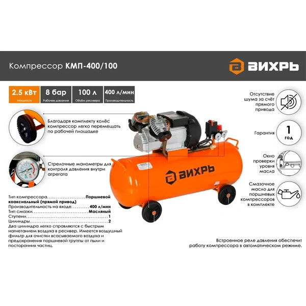 Воздушный компрессор Вихрь КМП-400/100 - фото 2