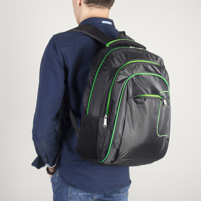 Рюкзак молодёжный, 2 отдела на молниях, наружный карман, 2 боковые сетки, усиленная спинка, цвет чёрный/зелёный 