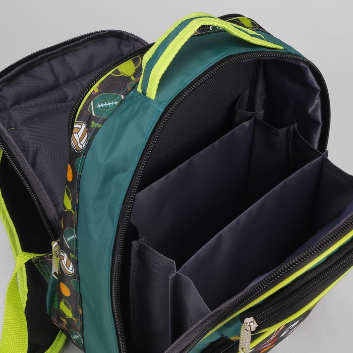 Рюкзак школьный, 2 отдела на молниях, 2 наружных кармана, цвет зелёный 