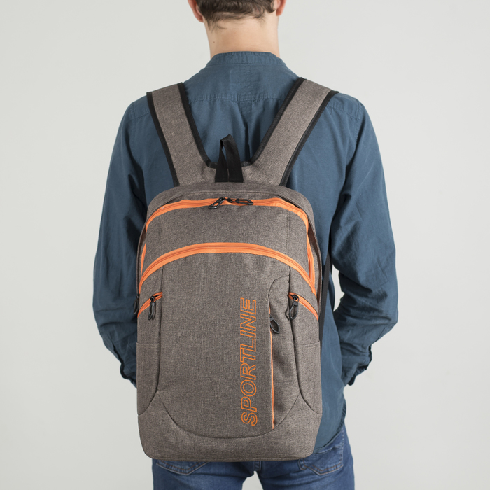 Рюкзак школьный, 2 отдела на молниях, 3 наружных кармана, цвет коричневый/оранжевый 