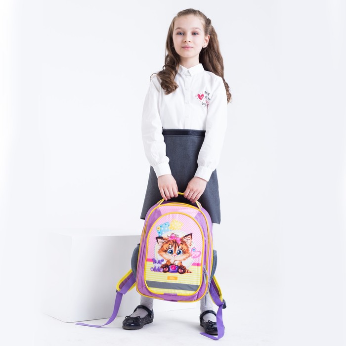 Рюкзак школьный с эргономической спинкой Calligrata Бонус 37x27x16 см для девочки, «Кошечка» 