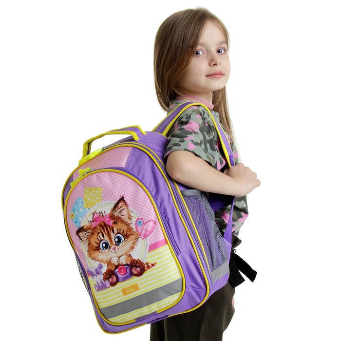 Рюкзак школьный с эргономической спинкой Calligrata Бонус 37x27x16 см для девочки, «Кошечка» 