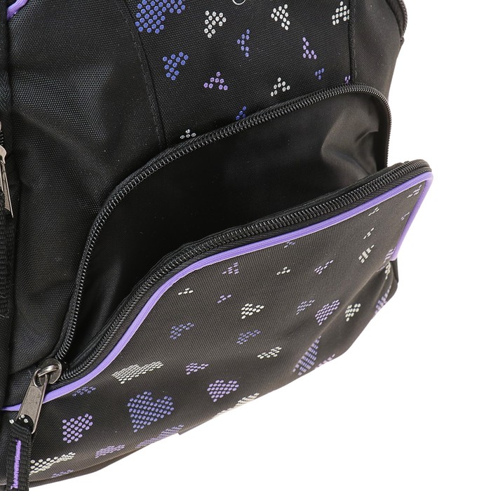 Рюкзак молодёжный Stavia 45 х 29 х 22 см, эргономичная спинка, «Принт «Сердечки», чёрный/лиловый 