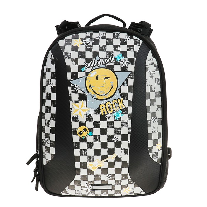 Рюкзак каркасный Herlitz Airgo 43х32х18 см, для девочек, SmileyWorld Rock, чёрный/белый/жёлтый 
