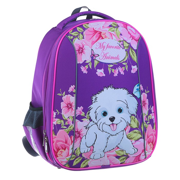 Рюкзак каркасный BagFashion 36 х 28 х 19 см, для девочки, «Собачка в цветах», фиолетовый 