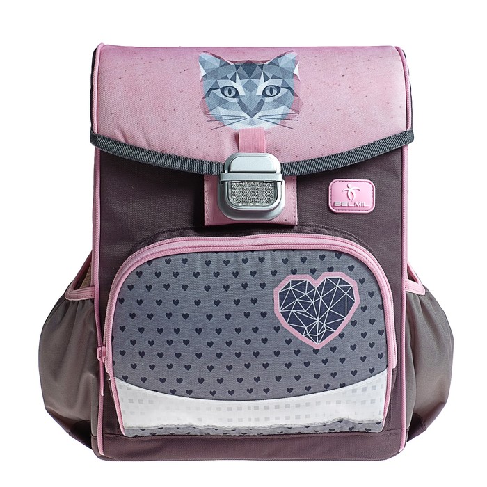 Ранец на замке Belmil Click, 35 х 26 х 17 см, для девочки, Cute Cat, серый/розовый 