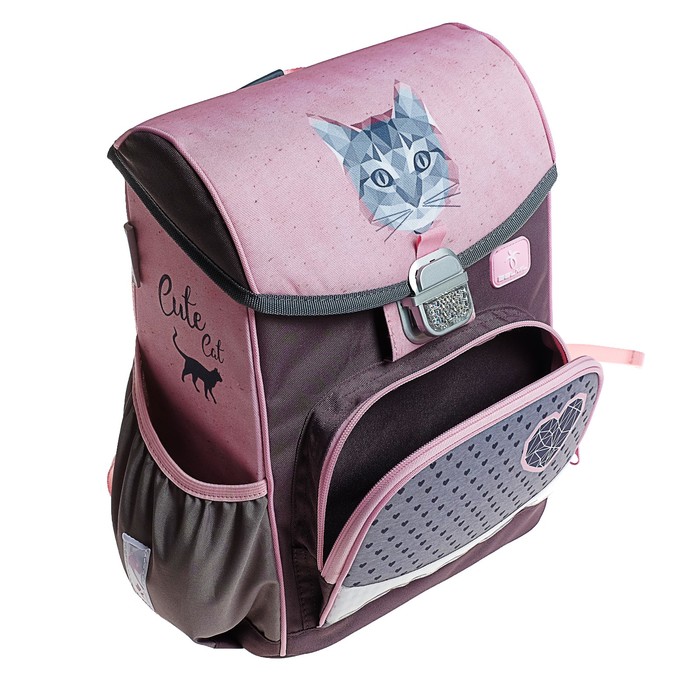 Ранец на замке Belmil Click, 35 х 26 х 17 см, для девочки, Cute Cat, серый/розовый 