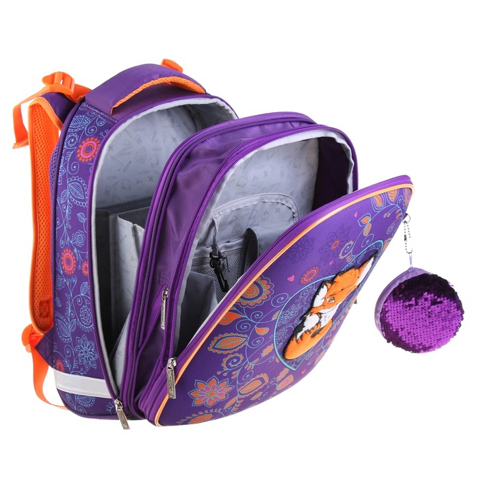 Рюкзак каркасный Hatber Ergonomic 37 х 29 х 17 см, для девочки, «Лисичка», фиолетовый/оранжевый 