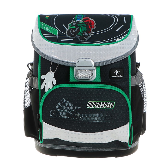 Ранец на замке Belmil Mini-Fit, 36 х 28 х 17 см, для мальчика, Super Speed, серый/зелёный 