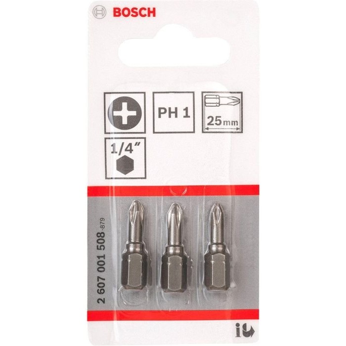 Биты Bosch 2607001508, 3 шт., 25 мм, 1/4", PH1, крестовые, односторонние 