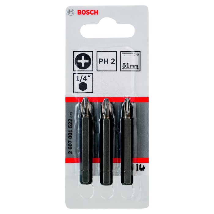 Биты Bosch 2607001522, 3 шт., 51 мм, 1/4", PH2, крестовые, односторонние 