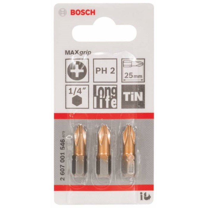 Биты Bosch 2607001546, 3 шт., 25 мм, 1/4", PH2, крестовые, односторонние 