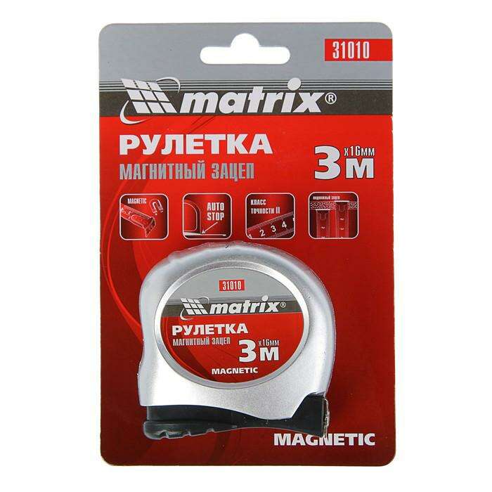 Рулетка MATRIX Magnetic, 3 м х 16 мм, магнитный зацеп 
