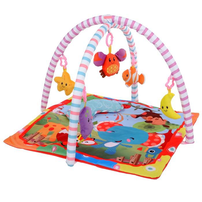 Развивающий коврик с дугами «Слоник и друзья», 5 игрушек, с подушечкой, музыкальная игрушка 