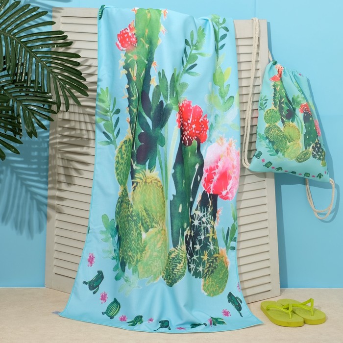 Полотенце пляжное в сумке Этель "Кактусы", 70*140 см, микрофибра, 100% п/э 