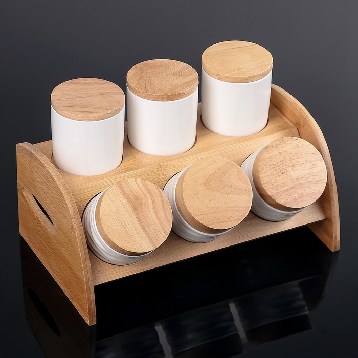 Набор банок для сыпучих продуктов"Эстет", 6 шт, на деревянной подставке 