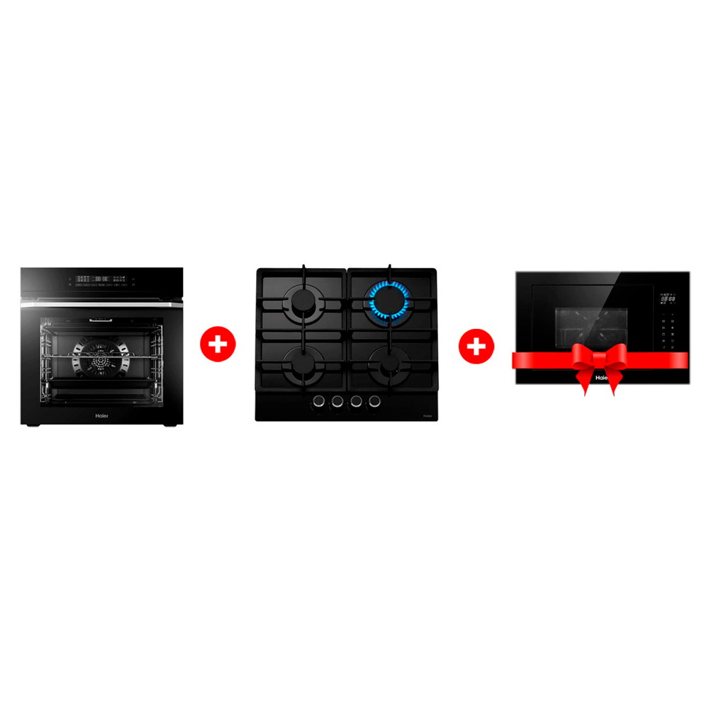 Жиынтық Haier  кіріктірілетін микротолқынды пеші HMX-BTG259B + Haier кіріктірілетін тұмша шкафы HOQ-F5AAGB + Haier газ пісіру беті HHX-G64CNB 