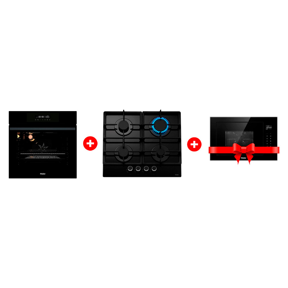 Жиынтық Haier  кіріктірілетін микротолқынды пеші HMX-BTG259B + Haier кіріктірілетін тұмша шкафы HOX-FP3AGB + Haier газ пісіру беті HHX-G64CNB 