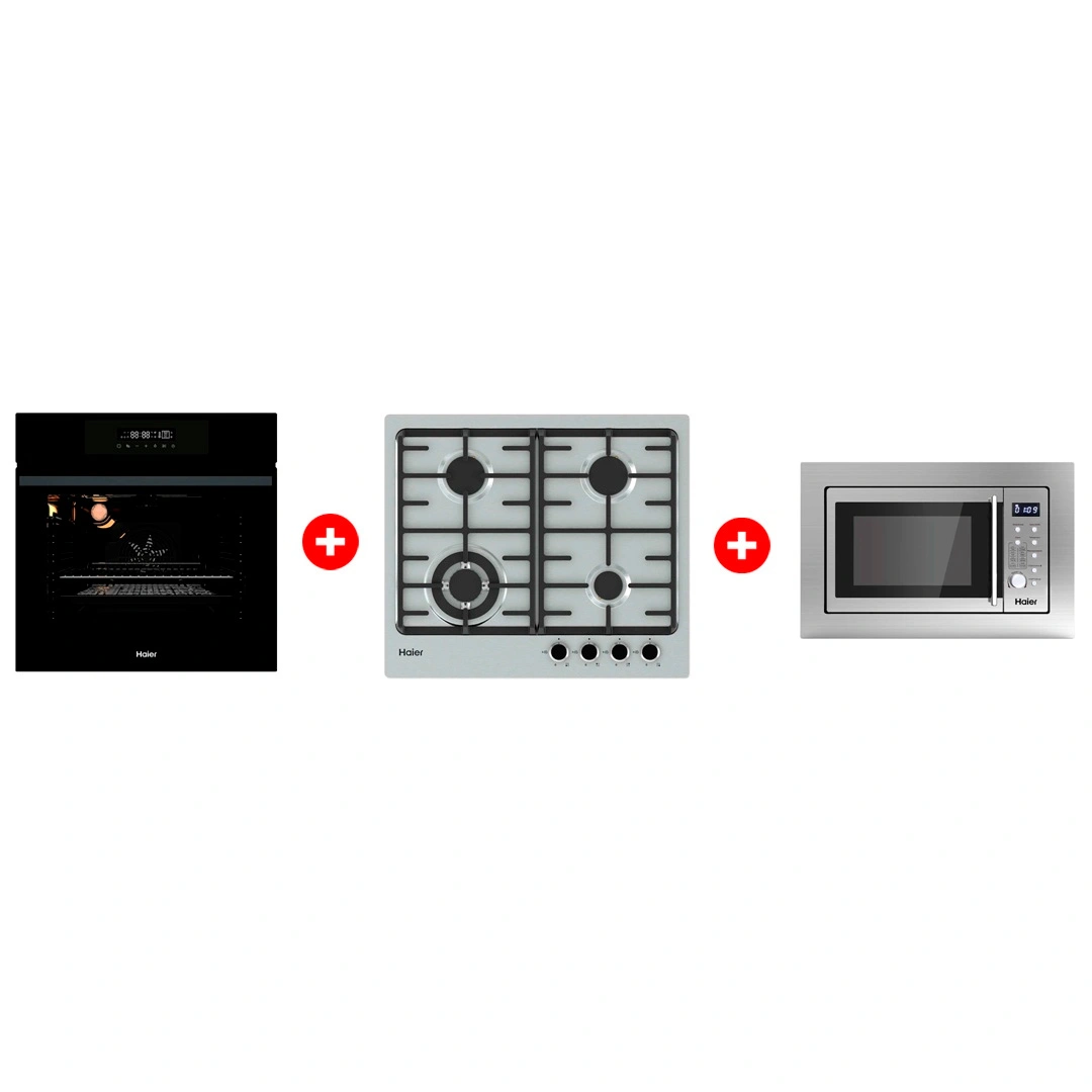 Комплект Встраиваемая микроволновая печь Haier HMX-BDG259LX + Встраиваемый духовой шкаф Haier HOX-FP3AGB + Газовая варочная поверхность Haier HHX-M64CWFX 