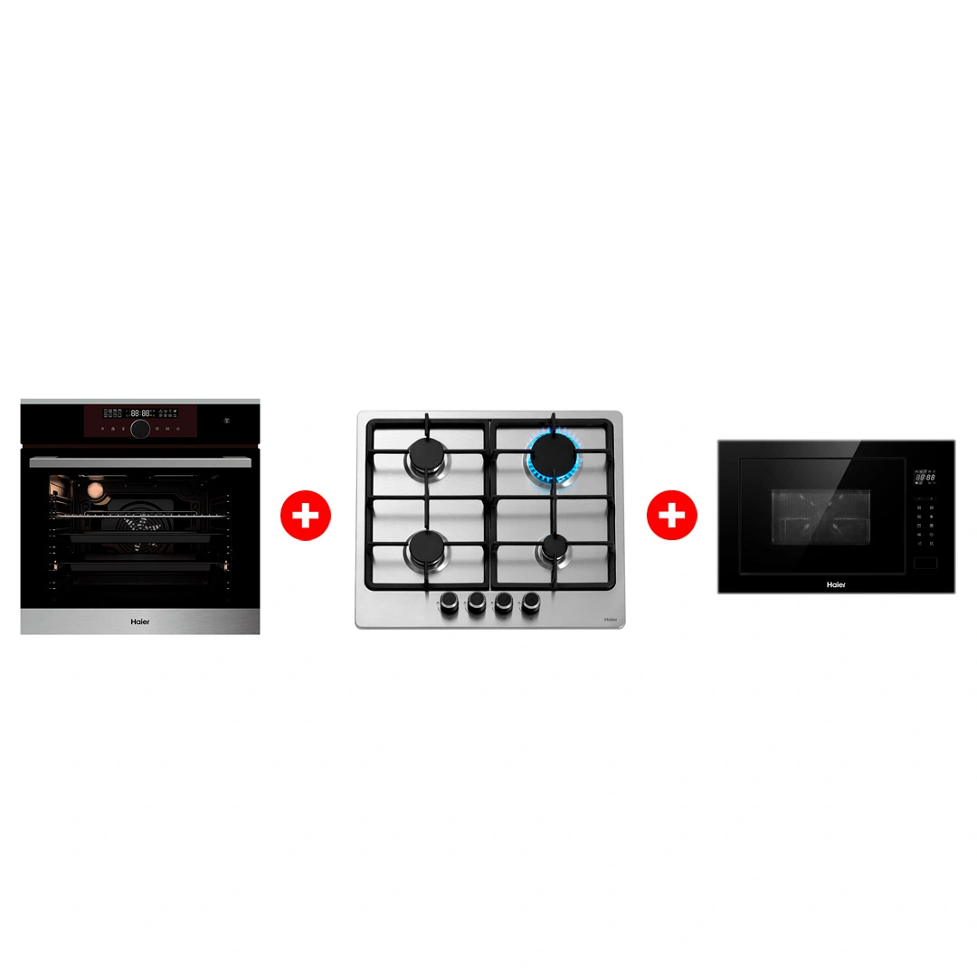 Жиынтық Haier  кіріктірілетін микротолқынды пеші HMX-BTG259B + Кіріктірілетін пеш Haier HOX-FP5RABX + Haier газ пісіру беті HHX-M64CNX 