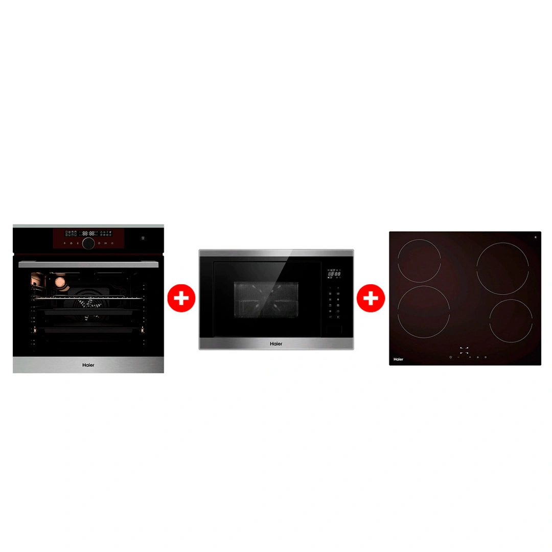 Комплект Встраиваемая микроволновая печь Haier HMX-BTG259X + Стеклокерамическая варочная поверхность Haier HHY-C64NVTB + Встраиваемый духовой шкаф Haier HOX-FP5RABX 