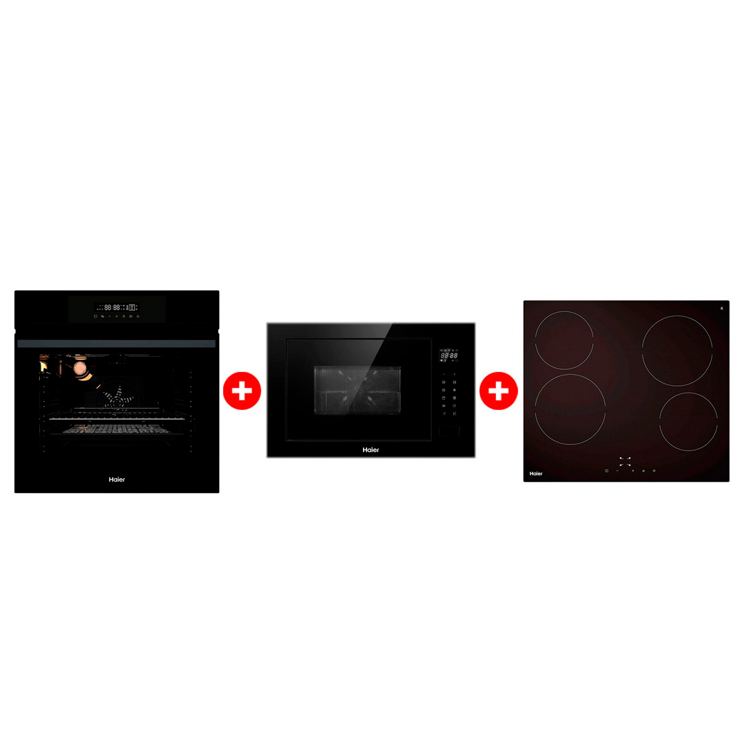 Жиынтық Haier  кіріктірілетін микротолқынды пеші HMX-BTG259B + Стеклокерамическая варочная поверхность Haier HHY-C64NVTB + Haier кіріктірілетін тұмша шкафы HOX-FP3AGB 