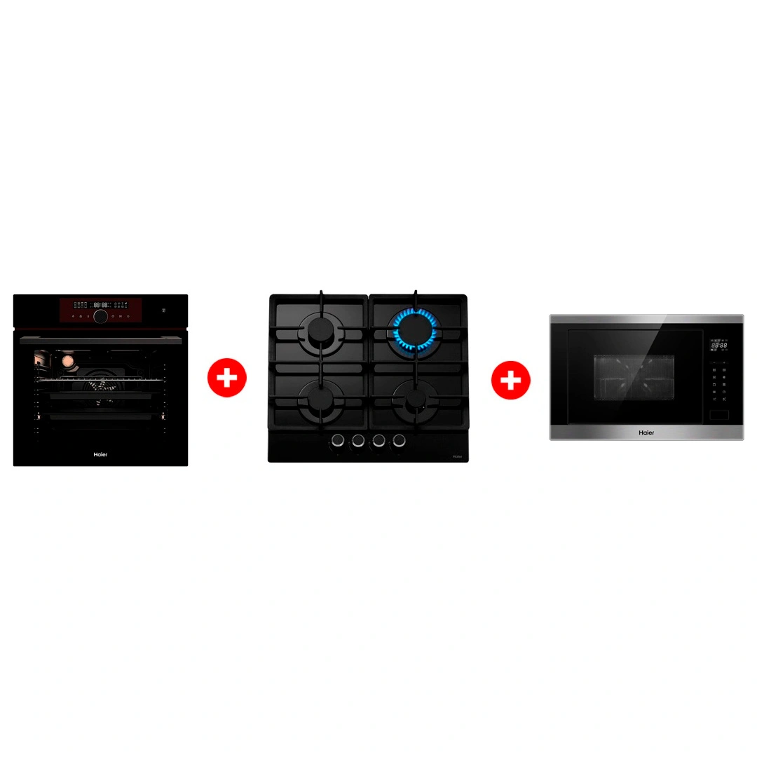 Комплект Встраиваемая микроволновая печь Haier HMX-BTG259X + Встраиваемый духовой шкаф Haier HOX-FP5RAGB + Газовая варочная поверхность Haier HHX-G64CNB 