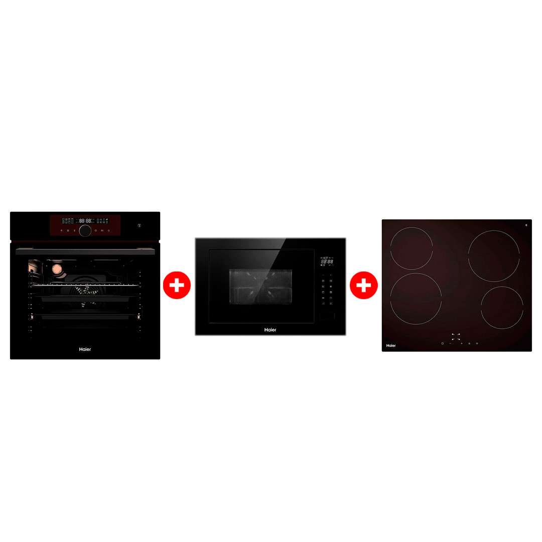 Жиынтық Haier  кіріктірілетін микротолқынды пеші HMX-BTG259B + Стеклокерамическая варочная поверхность Haier HHY-C64NVTB + Haier кіріктірілетін тұмша шкафы HOX-FP5RAGB 