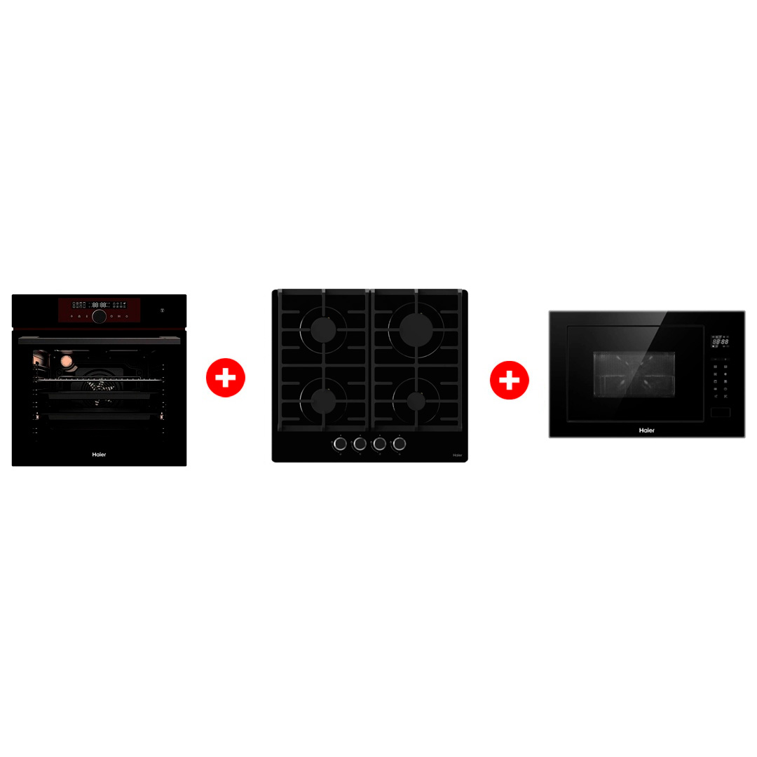 Жиынтық Haier  кіріктірілетін микротолқынды пеші HMX-BTG259B + Haier кіріктірілетін тұмша шкафы HOX-FP5RAGB + Haier газ пісіру беті HHX-G64CNB 
