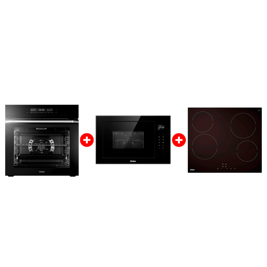Жиынтық Haier  кіріктірілетін микротолқынды пеші HMX-BTG259B + Стеклокерамическая варочная поверхность Haier HHY-C64NVTB + Haier кіріктірілетін тұмша шкафы HOQ-F5AAGB 