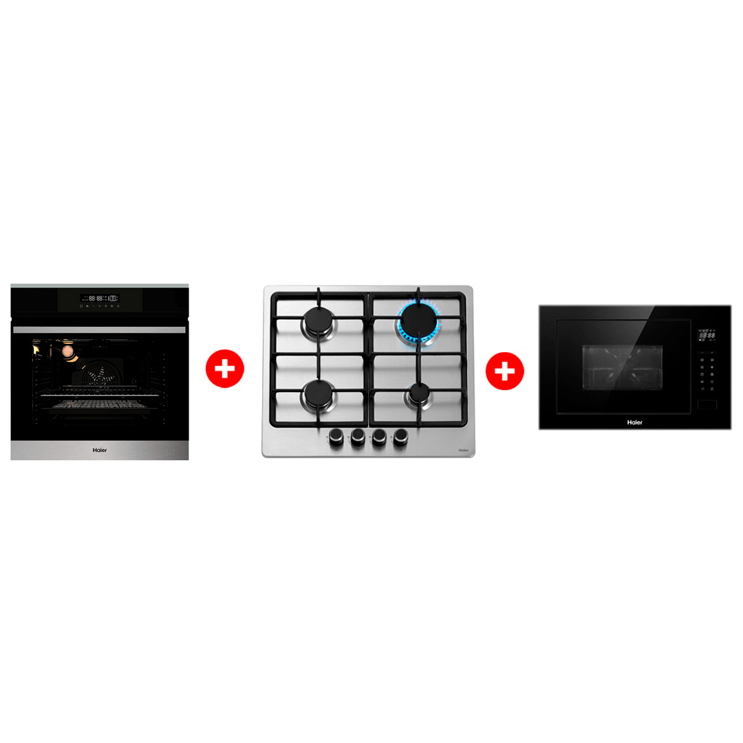 Жиынтық Haier  кіріктірілетін микротолқынды пеші HMX-BTG259B + Haier кіріктірілетін тұмша шкафы HOX-FP3ABX + Haier газ пісіру беті HHX-M64CNX 