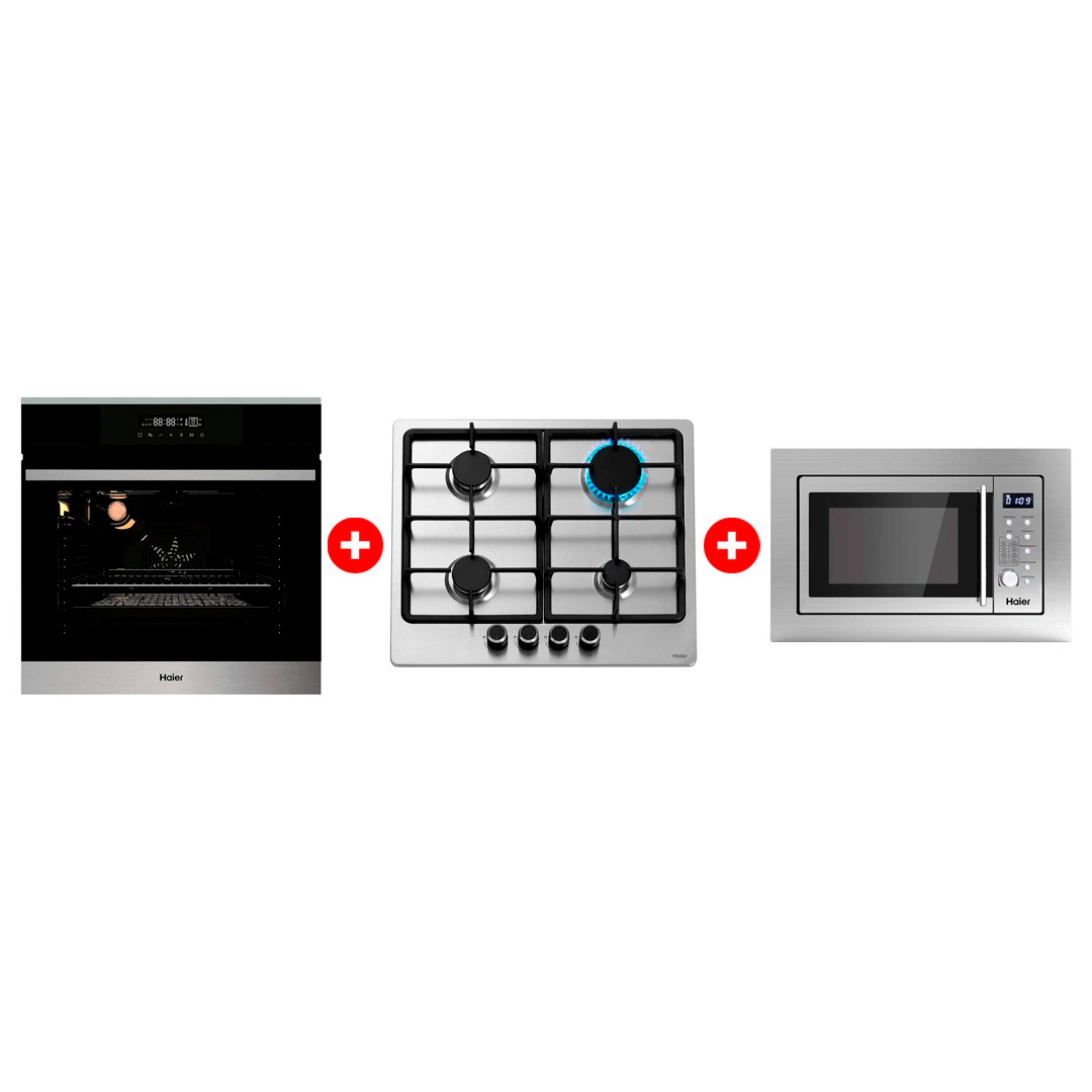 Комплект Встраиваемая микроволновая печь Haier HMX-BDG259LX + Встраиваемый духовой шкаф Haier HOX-FP3ABX + Газовая варочная поверхность Haier HHX-M64CNX 