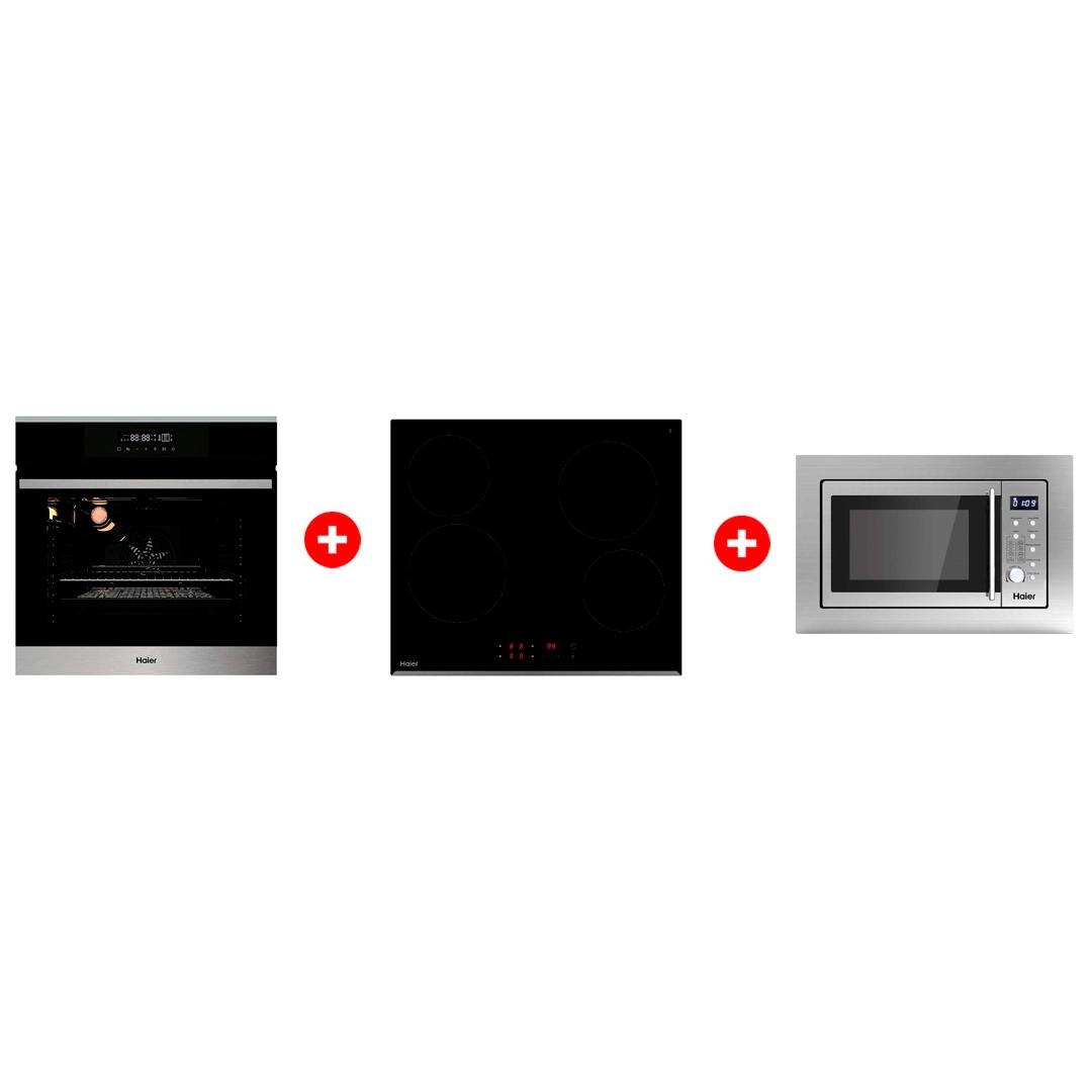 Жиынтық Haier  кіріктірілетін микротолқынды пеші HMX-BDG259LX + Haier шыны керамикалық плитасы HHY-C64RVB + Haier кіріктірілетін тұмша шкафы HOX-FP3ABX 
